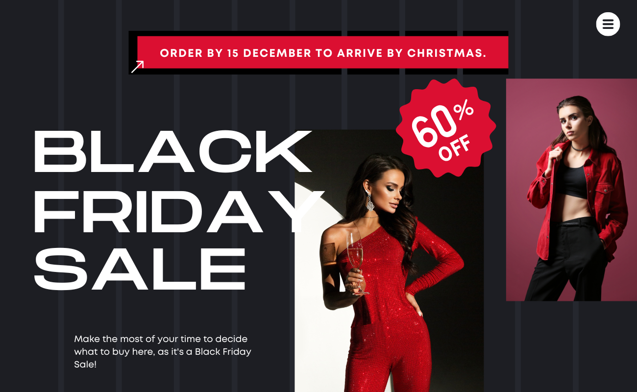 Black Friday sale offering up to 60% off with a reminder to order by December 15.